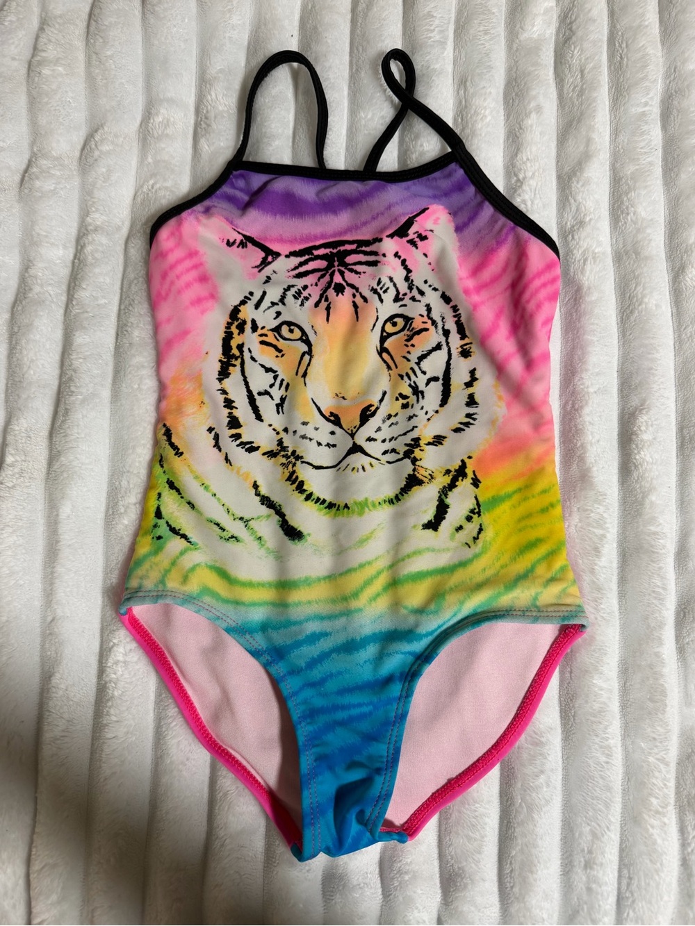 OP Girls' One-Piece Swimsuit - Rainbow Tiger Print with Black Trim Size 4/5
